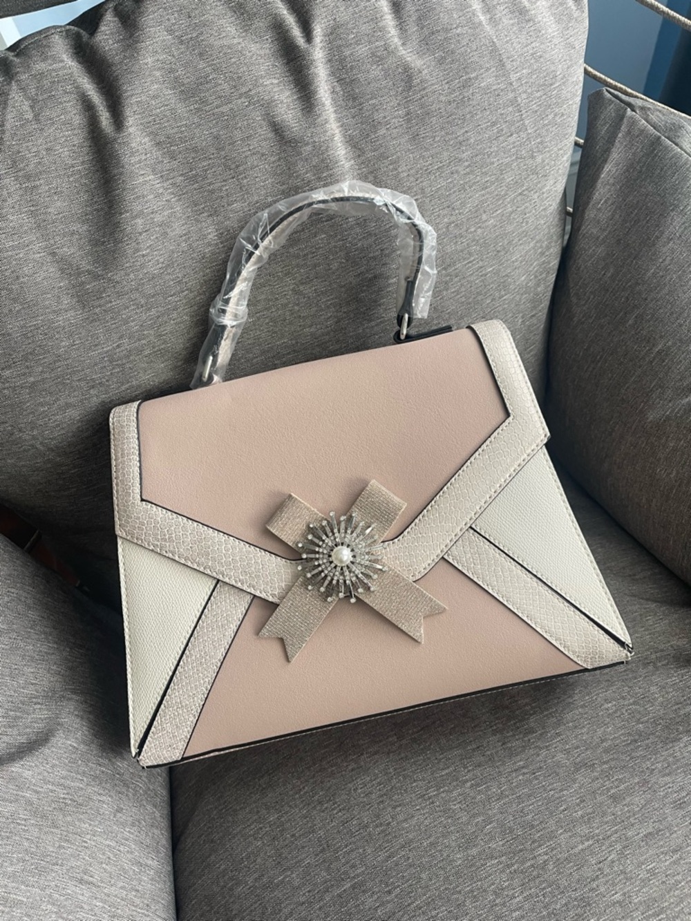ALDO Elegant Pink and Cream Top-Handle Satchel with Decorative Brooch